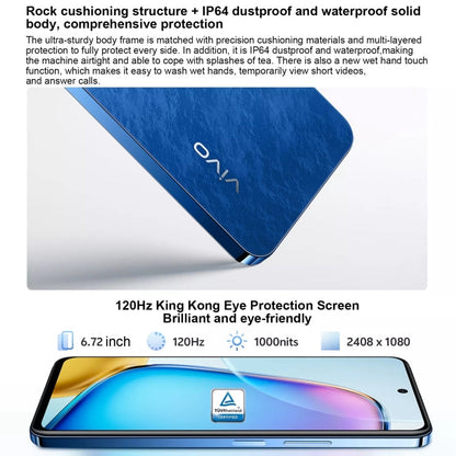 vivo Y200i, doubles caméras arrière, 12 Go+256 Go, reconnaissance faciale et capteur d'empreintes digitales sous l'écran, 6,72 pouces Android 14.0 OriginOS 4 Snapdragon 4 Gen 2 Octa Core 2,2 GHz, OTG, réseau : 5G, compatible Google Play (bleu)