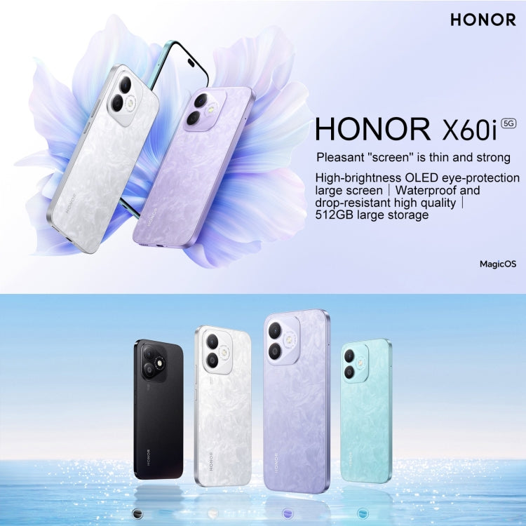 Honor X60i, 8 Go + 256 Go, empreinte digitale sous l'écran, 6,7 pouces MagicOS 8.0 Dimensity 6080 Octa Core, Réseau : 5G, OTG, Ne prend pas en charge Google Play (Violet)