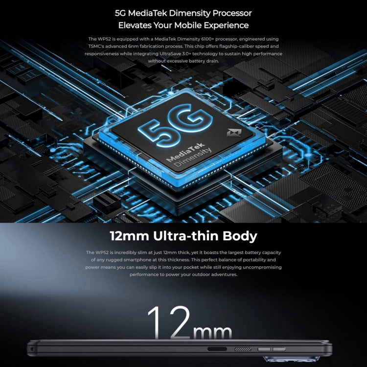 [HK Warehouse] Oukitel WP52 5G Rugged Phone, 4GB+256GB, 6.6 inch Android 14.0 MediaTek Dimensity 6100+ Octa-core, NFC, OTG, Network: 5G (Black)