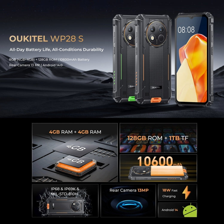 [HK Warehouse] Oukitel WP28 S IP68/IP69K Rugged Phone, 4GB+128GB, Fingerprint, 6.52 inch Unisoc T606 Octa-core, NFC, OTG, Network: 4G (Grey)