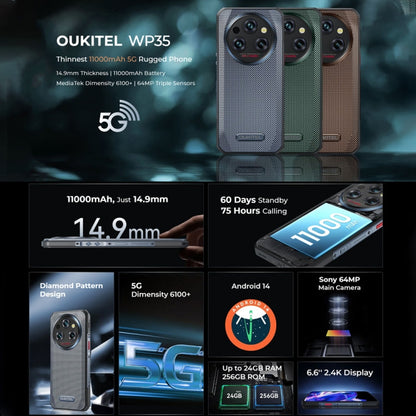 [HK Warehouse] Oukitel WP35 5G Rugged Phone, 8GB+256GB, IP68/IP69K Fingerprint Identification, 11000mAh, 6.6 inch MediaTek Dimensity 6100+ Octa Core, NFC, OTG, Network: 5G (Green)
