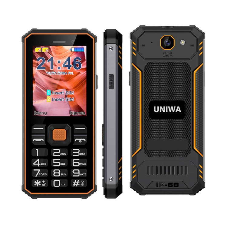 Téléphone robuste à clavier UNIWA S2 IP68, 2,4 pouces Mediatek MT6261, batterie 2500mAh, 21 touches, réseau : 2G (Noir+Orange)