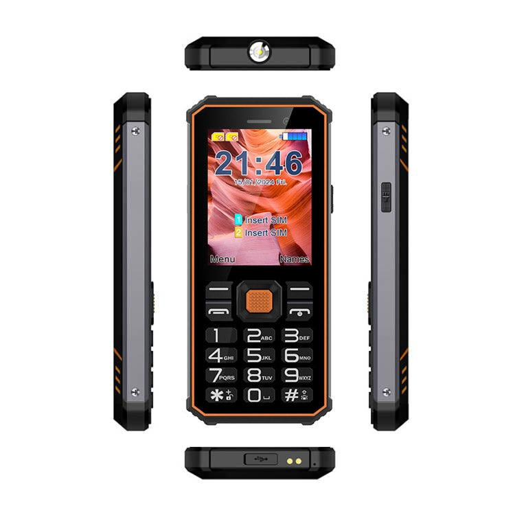 Téléphone robuste à clavier UNIWA S2 IP68, 2,4 pouces Mediatek MT6261, batterie 2500mAh, 21 touches, réseau : 2G (Noir+Orange)