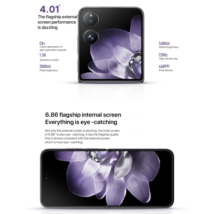 Xiaomi MIX Flip, 12GB+256GB, 6.86 inch + 4.01 inch Xiaomi HyperOS Snapdragon 8 Gen 3 Octa Core 4nm up to 3.3GHz, NFC, Network: 5G (White)