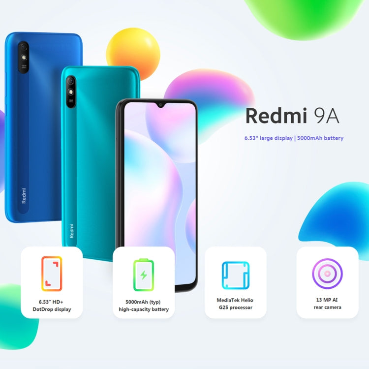 Xiaomi Redmi 9A, 4 Go+64 Go, batterie 5000 mAh, identification faciale, 6,53 pouces MIUI 12 MTK Helio G25 Octa Core jusqu'à 2,0 GHz, réseau : 4G, double SIM, prise en charge de Google Play (Vert Lac)
