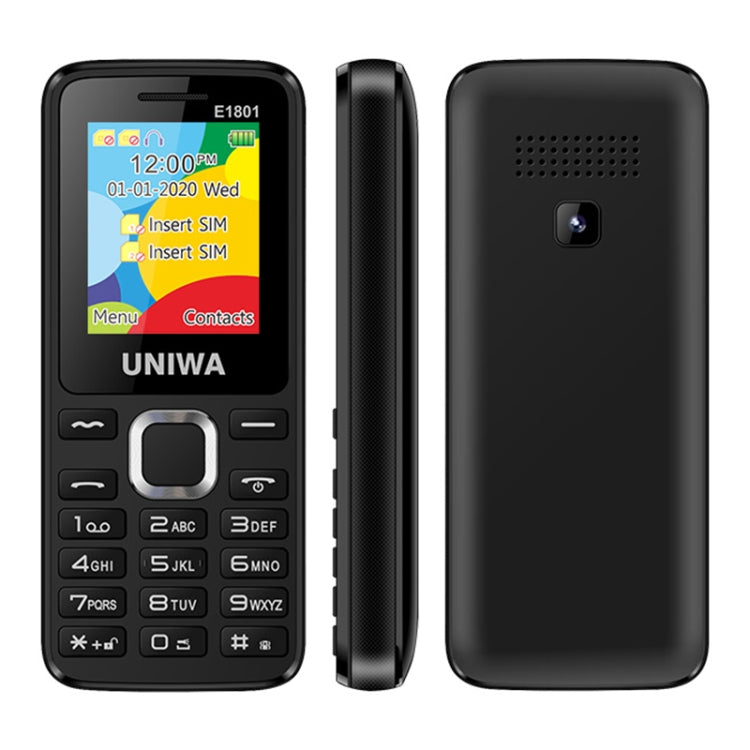 UNIWA E1801 Mobile Phone, 1.77 inch, 800mAh Battery, 21 Keys, Support Bluetooth, FM, MP3, MP4, GSM, Dual SIM(Black)