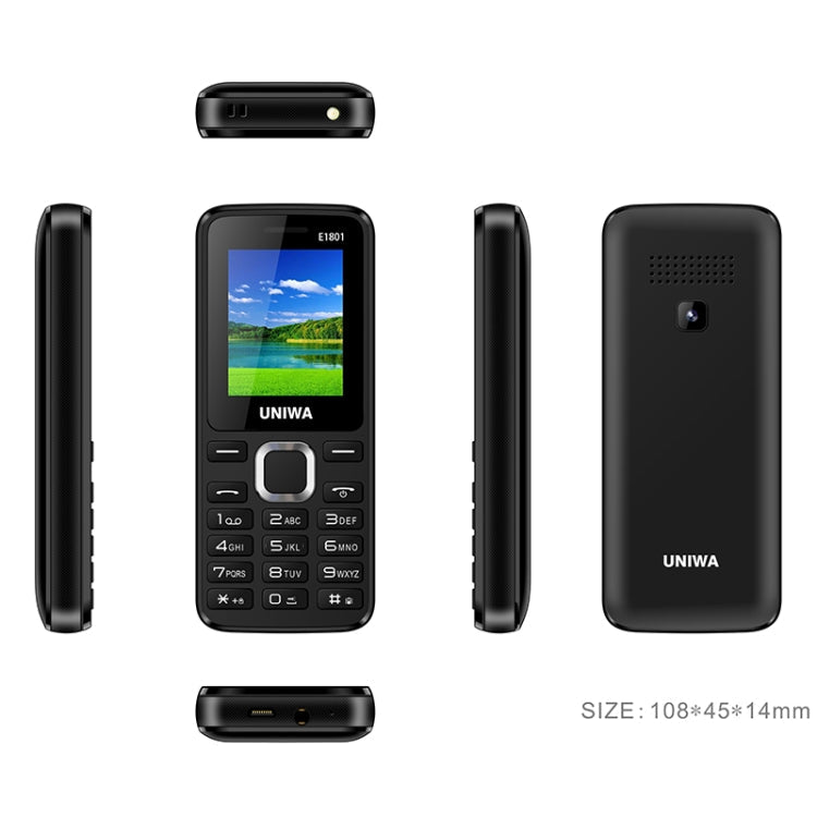 UNIWA E1801 Mobile Phone, 1.77 inch, 800mAh Battery, 21 Keys, Support Bluetooth, FM, MP3, MP4, GSM, Dual SIM(Black)