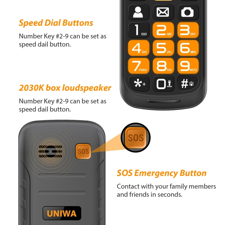 UNIWA V909T Flip Phone, 2.8 inch + 1.77 inch, UNISOC Tiger T107, Support Bluetooth, FM, Network: 4G, SOS, with Charge Dock Base(Black)
