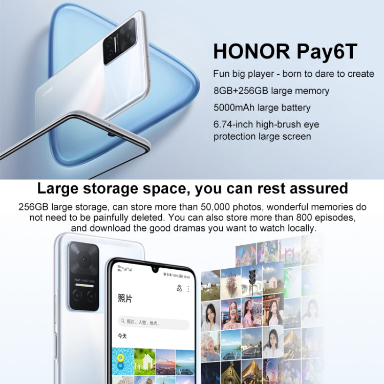 Honor Play6T 5G, 8GB+256GB, China Version, Triple Back Cameras, Side Fingerprint Identification, 5000mAh Battery, 6.74 inch Magic UI 5.0 (Android 11) MediaTek Dimensity 700 Octa Core up to 2.2GHz, Network: 5G, OTG, Not Support Google Play (Silver)