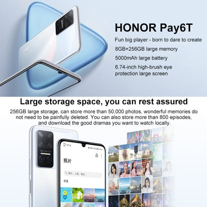 Honor Play6T 5G, 8GB+256GB, China Version, Triple Back Cameras, Side Fingerprint Identification, 5000mAh Battery, 6.74 inch Magic UI 5.0 (Android 11) MediaTek Dimensity 700 Octa Core up to 2.2GHz, Network: 5G, OTG, Not Support Google Play (Silver)