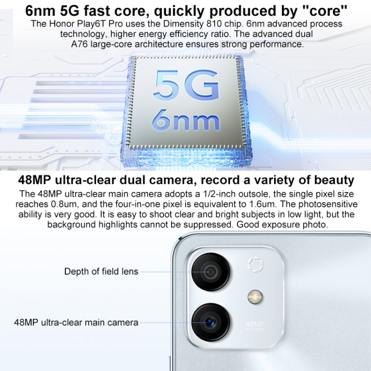 Honor Play6T Pro 5G TFY-AN40, 8GB+256GB, China Version, Dual Back Cameras, Side Fingerprint Identification, 4000mAh Battery, 6.7 inch Magic UI 5.0 (Android 11) MediaTek Dimensity 810 Octa Core up to 2.4GHz, Network: 5G, OTG, Not Support Google Play(Black)