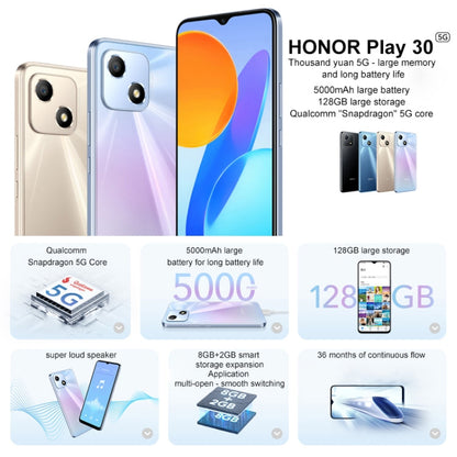 Honor Play 30 5G VNE-AN00, 4GB+128GB, China Version, Face Identification, 5000mAh, 6.5 inch Magic UI 5.0 /Android 11 Qualcomm Snapdragon 480 Plus Octa Core up to 2.2GHz, Network: 5G, Not Support Google Play(Blue)