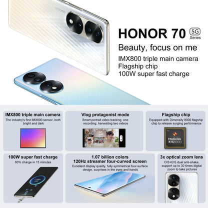 Honor 70 Pro 5G SDY-AN00, 54MP Cameras, 8GB+256GB, China Version, Triple Back Cameras, Screen Fingerprint Identification, 6.78 inch Magic UI 6.1 Dimensity 8000 Octa Core up to 2.75GHz, Network: 5G, OTG, NFC, Not Support Google Play(Green)