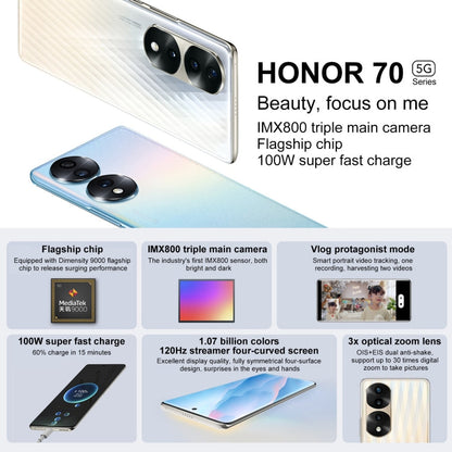 Honor 70 Pro+ 5G HPB-AN00, 54MP Cameras, 8GB+256GB, China Version, Triple Back Cameras, Screen Fingerprint Identification, 6.78 inch Magic UI 6.1 Dimensity 9000 Octa Core up to 3.05GHz, Network: 5G, OTG, NFC, Not Support Google Play(Jet Black)