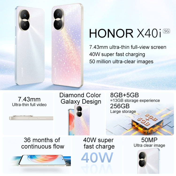Honor X40i 5G DIO-AN00, 50MP Cameras, 8GB+256GB, China Version, Dual Back Cameras, Side Fingerprint Identification, 4000mAh Battery, 6.7 inch Magic UI 6.1 / Android 12 Dimensity 700 Octa Core up to 2.2GHz, Network: 5G, OTG, Not Support Google Play(Aurora)