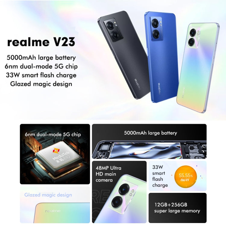Realme V23 5G, 48MP Camera, 12GB+256GB, Dual Back Cameras, Side Fingerprint Identification, 5000mAh Battery, 6.58 inch Realme UI 3.0 / Android 12 MediaTek Dimensity 810 Octa Core up to 2.4GHz, Network: 5G, Support Google Play(Midnight Black)