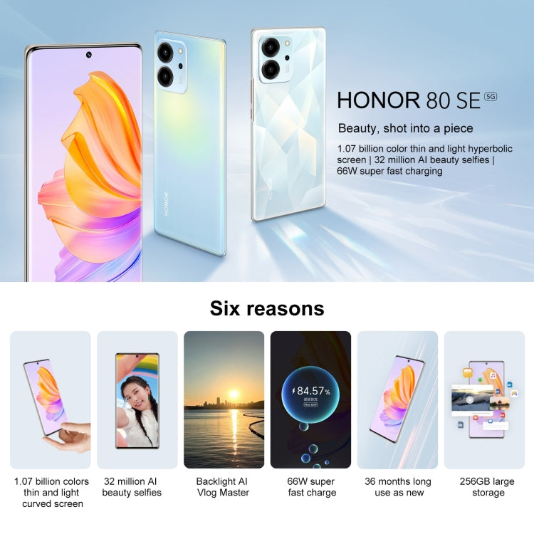 Honor 80 SE 5G GIA-AN80, 64MP Cameras, 8GB+256GB, China Version, Triple Back Cameras, Screen Fingerprint Identification, 6.67 inch Magic OS 7.0 Android 12 Dimensity 900 MT6877 Octa Core up to 2.4GHz, Network: 5G, OTG, Not Support Google Play(Pink)