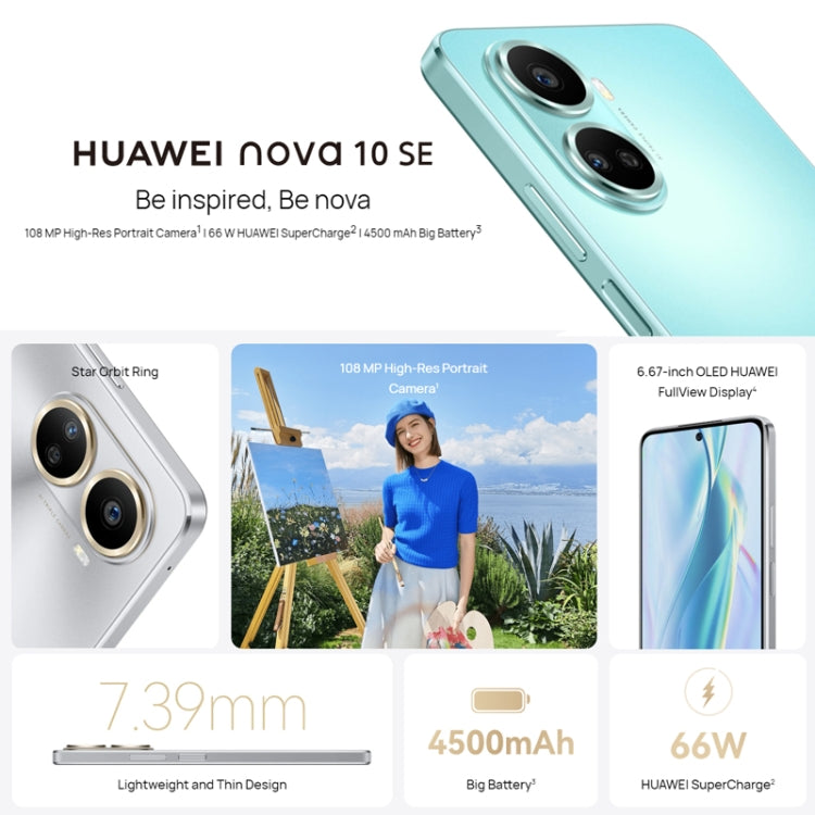 HUAWEI nova 10 SE BNE-AL00, 128GB, China Version, Triple Back Cameras + Single Front Camera, Side Fingerprint Identification, 6.67 inch HarmonyOS 2.0.1 Qualcomm Snapdragon 680 Octa Core, Network: 4G, OTG, NFC, Not Support Google Play(Silver)