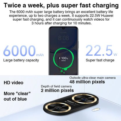 Huawei Enjoy 60 128GB MGA-AL40,  48MP Cameras, China Version, Dual Back Cameras, Face ID & Side Fingerprint Identification, 6000mAh Battery, 6.75 inch HarmonyOS 3.0 Octa Core, Network: 4G, OTG, Not Support Google Play(Blue)