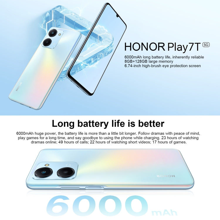 Honor Play7T RKY-AN10, 50MP Camera, 8GB+128GB, China Version, Dual Back Cameras, Side Fingerprint Identification, 6000mAh Battery, 6.74inch Magic UI 6.1 / Android 12  Dimensity 6020 Octa Core, Network: 5G, OTG, Not Support Google Play (Silver)