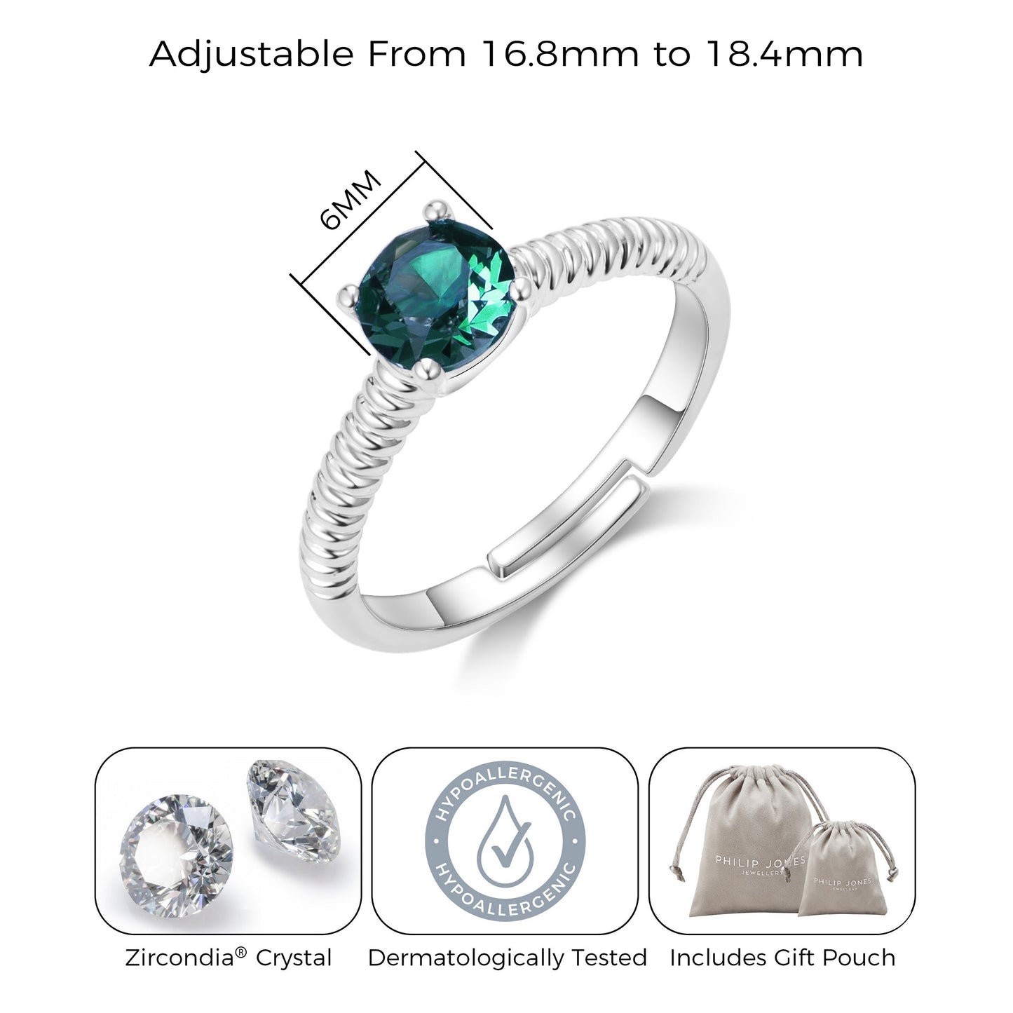 Green Adjustable Crystal Ring Created with Zircondia® Crystals