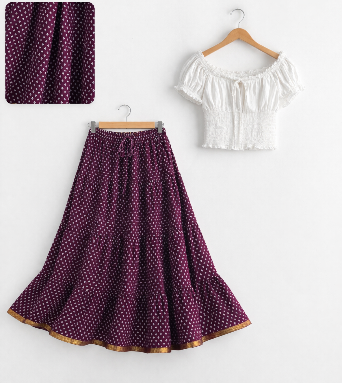 Blackfever Elegant deep plum purple base Printed Tiered Skirt – Free Size