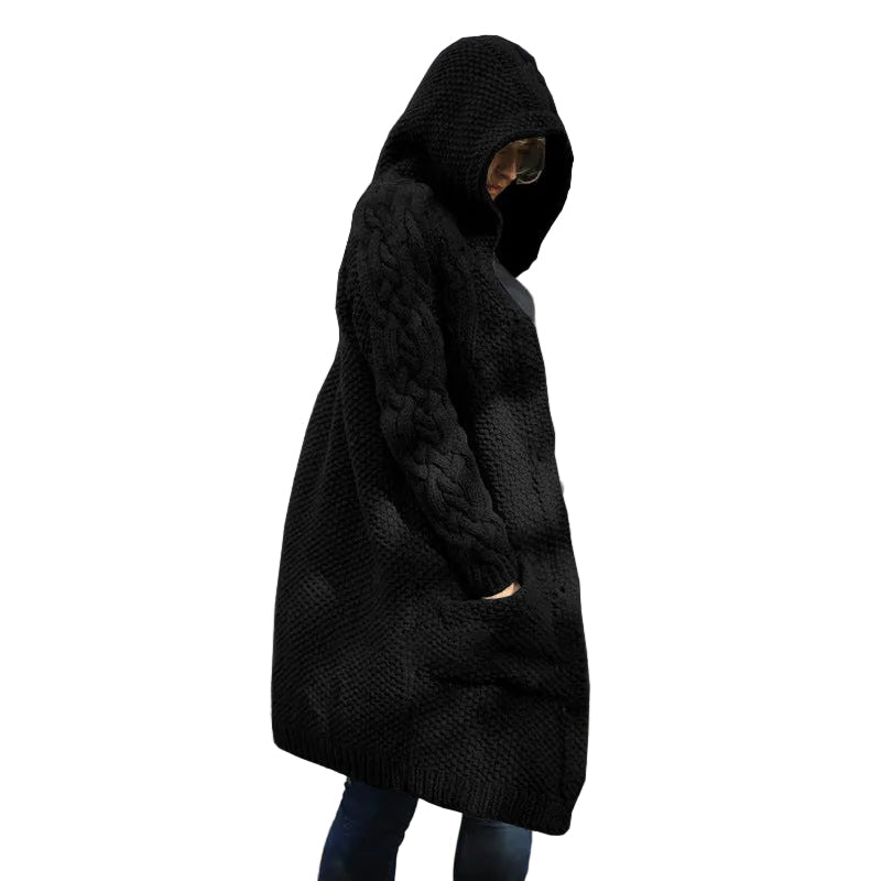 Women's hooded single-breasted long-sleeved sweater cardigan