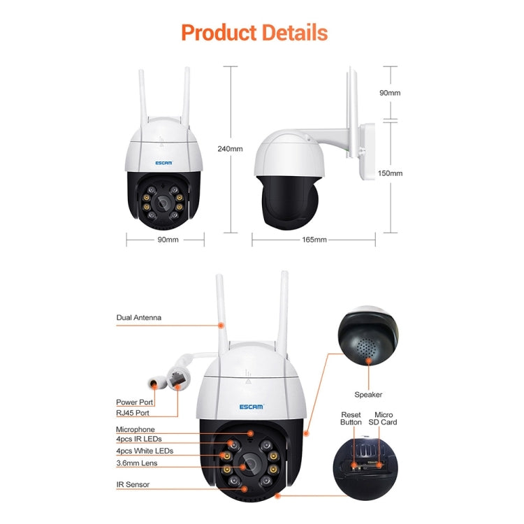 Caméra IP WiFi ESCAM QF218 1080P panoramique/inclinaison avec détection humanoïde IA, étanche IP66, compatible ONVIF/vision nocturne/carte TF/audio bidirectionnel, prise UE