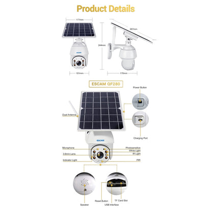 Caméra IP solaire WiFi étanche ESCAM QF280 HD 1080P IP66 sans batterie, prise en charge de la vision nocturne / détection de mouvement / carte TF / audio bidirectionnel (blanc)