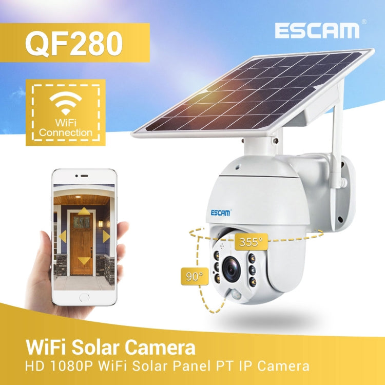 Caméra IP solaire WiFi étanche ESCAM QF280 HD 1080P IP66 sans batterie, prise en charge de la vision nocturne / détection de mouvement / carte TF / audio bidirectionnel (blanc)