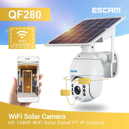 Caméra IP solaire WiFi étanche ESCAM QF280 HD 1080P IP66 sans batterie, prise en charge de la vision nocturne / détection de mouvement / carte TF / audio bidirectionnel (blanc)