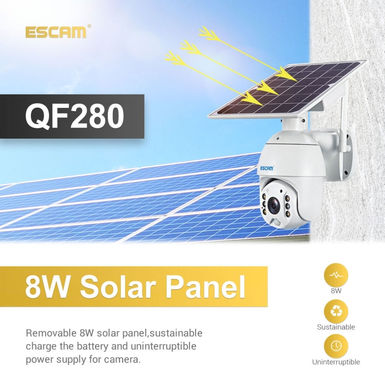 Caméra IP solaire WiFi étanche ESCAM QF280 HD 1080P IP66 sans batterie, prise en charge de la vision nocturne / détection de mouvement / carte TF / audio bidirectionnel (blanc)
