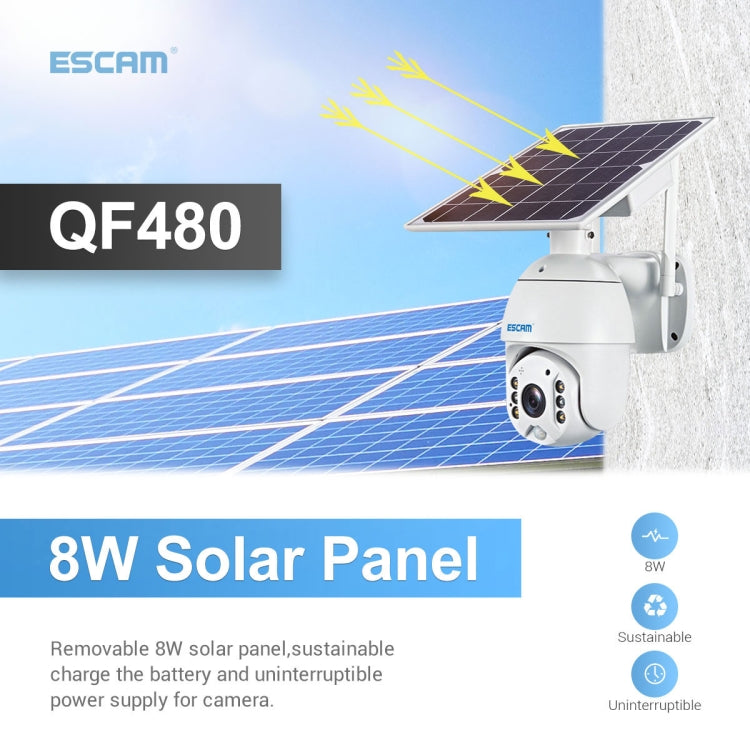 ESCAM QF480 EU Version HD 1080P IP66 Waterproof 4G Solar Panel PT IP Camera without Battery, Support Night Vision / Motion Detection / TF Card / Two Way Audio (White)