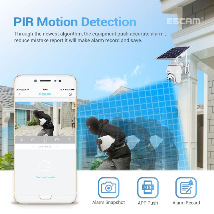ESCAM QF480 EU Version HD 1080P IP66 Waterproof 4G Solar Panel PT IP Camera without Battery, Support Night Vision / Motion Detection / TF Card / Two Way Audio (White)