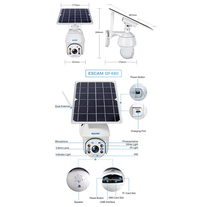 ESCAM QF480 EU Version HD 1080P IP66 Waterproof 4G Solar Panel PT IP Camera with Battery, Support Night Vision / Motion Detection / TF Card / Two Way Audio (White)