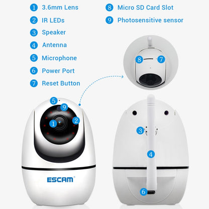 ESCAM PVR008 HD 1080P WiFi IP Camera, Support Motion Detection / Night Vision, IR Distance: 10m, UK Plug