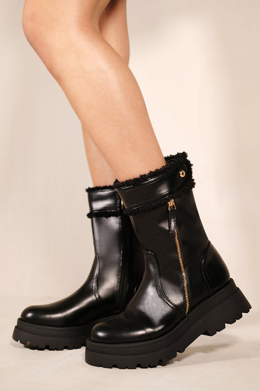 AUBREY CHUNKY PLATFORM ANKLE BOOT WITH SIDE ZIP IN BLACK FAUX LEATHER