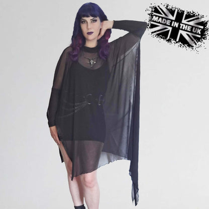 Necessary Evil Anahita Gothic Mesh Layer Dress - Sheer Black with Faux Leather Trim
