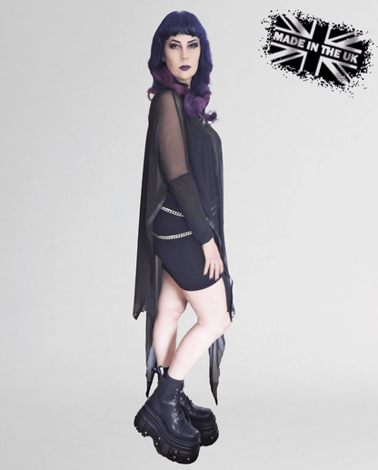 Necessary Evil Anahita Gothic Mesh Layer Dress - Sheer Black with Faux Leather Trim