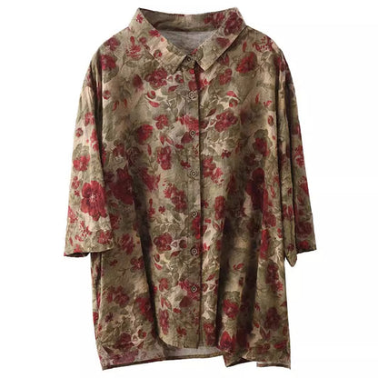Retro Fried Color Printing Cotton Linen Shirt