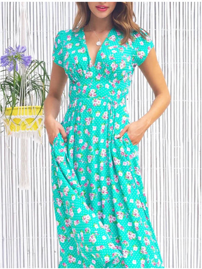 Women's Printed Pocket Bohemian V-neck Dress