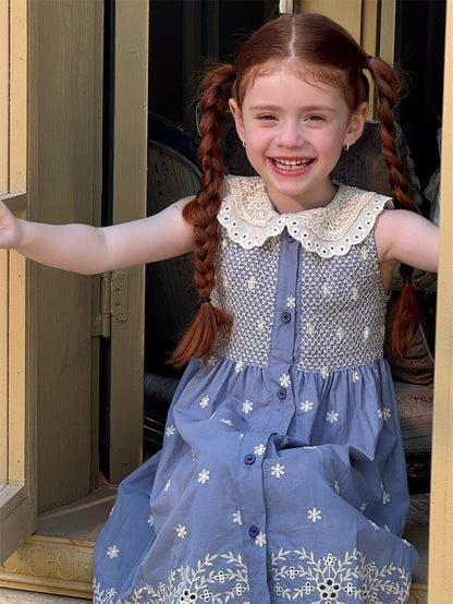 Girls Smocking Machine Embroidery Dress Sleeveless
