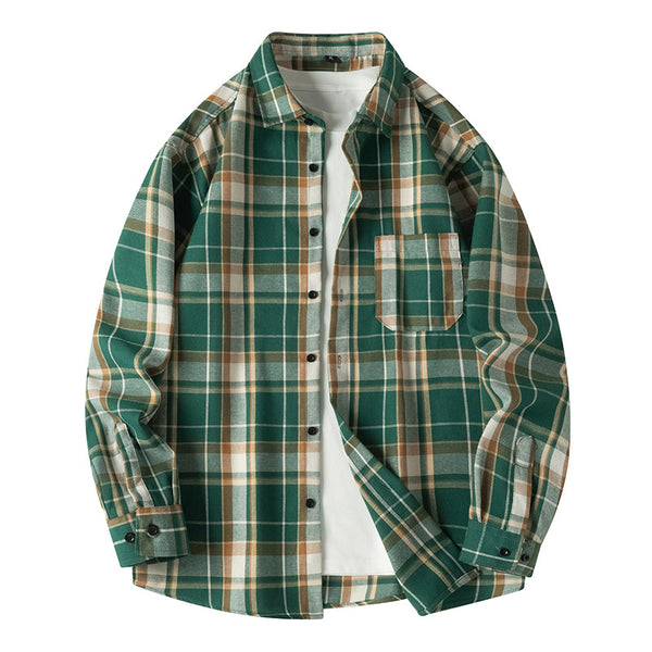 Veste à manches longues pour hommes, col à revers, chemise à carreaux rétro