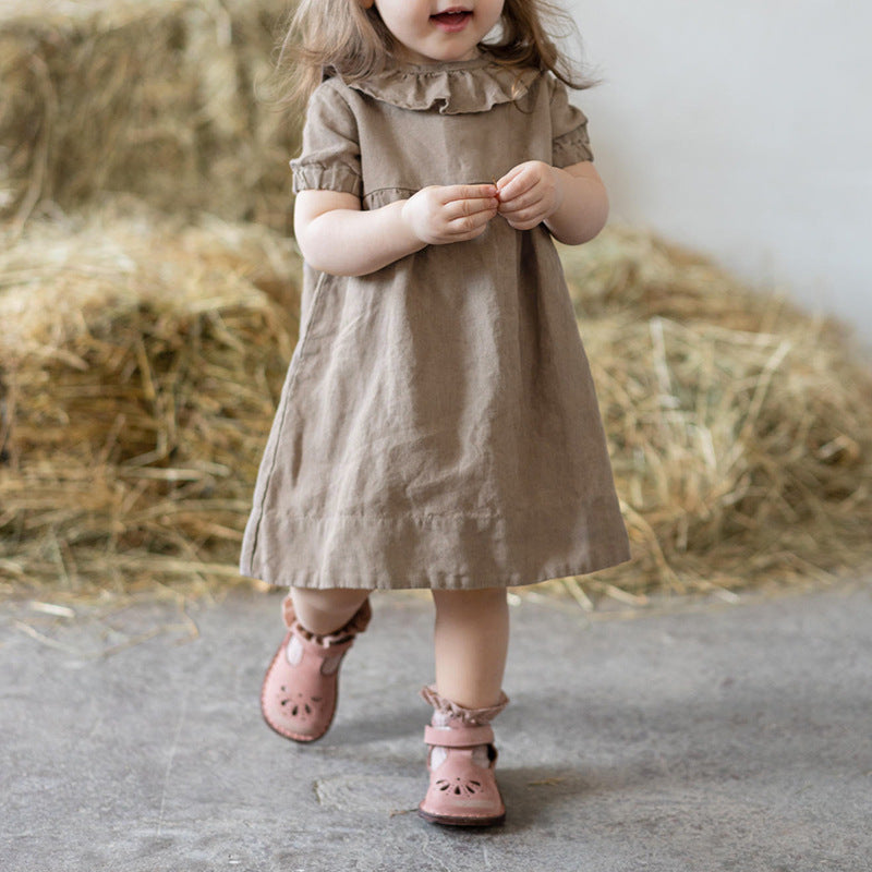 Ruffled Round Neck Waist Puff Sleeve Dress
