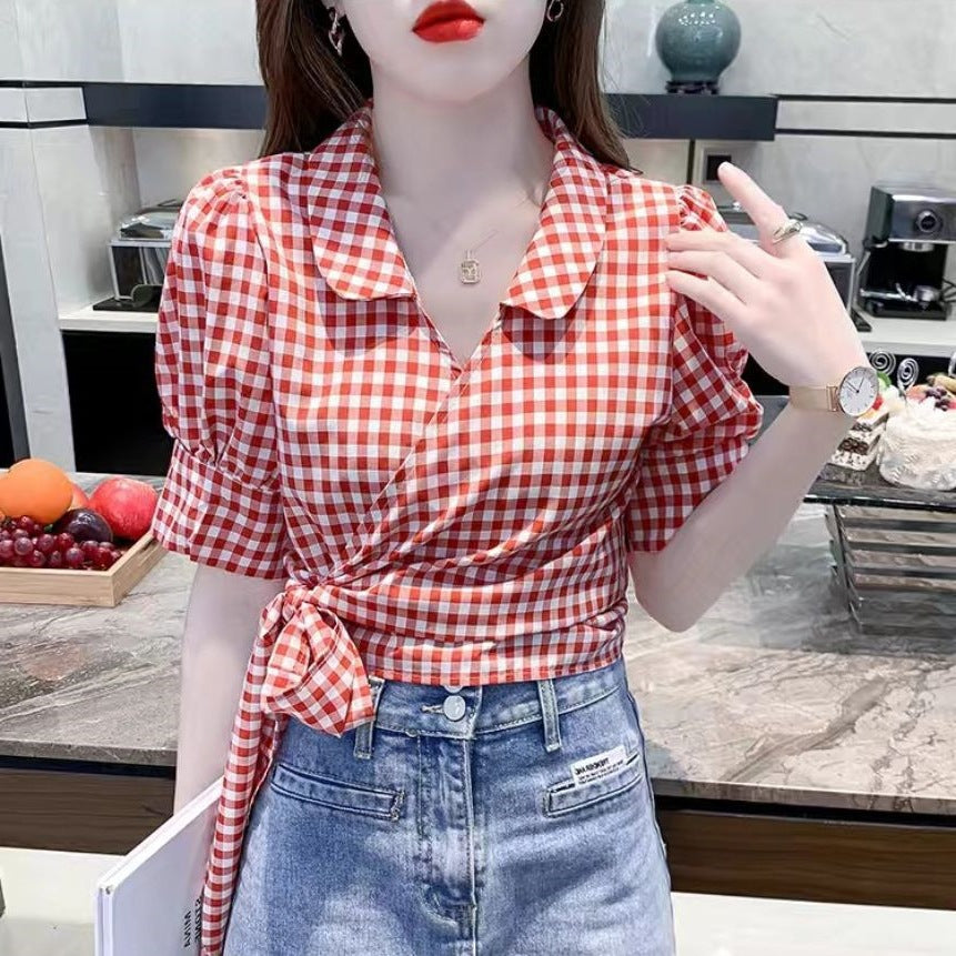 Plaid Shirt Women's Design Sense Niche French Tight Waist Puff Sleeve