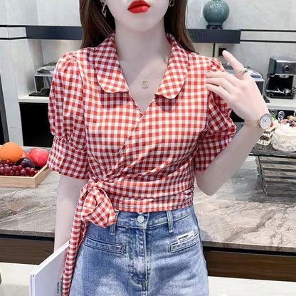 Plaid Shirt Women's Design Sense Niche French Tight Waist Puff Sleeve
