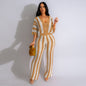 Women's Sexy V-neck Hollow Striped Lapel Knitted Width Blouse And Pants