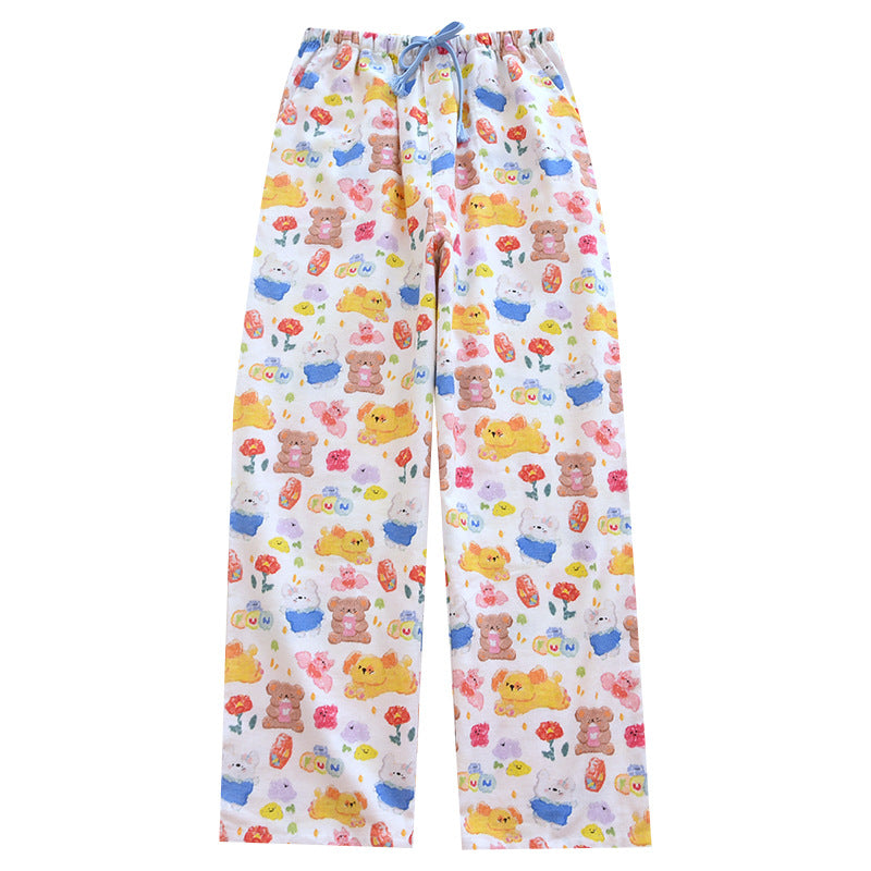 Brushed Flannel Loose Pure Cotton Cartoon Printed Pajama Pants For Women