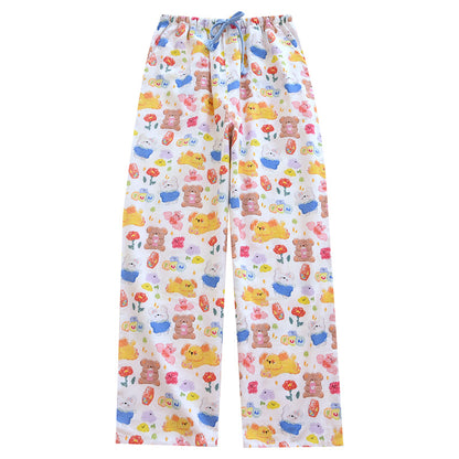 Brushed Flannel Loose Pure Cotton Cartoon Printed Pajama Pants For Women