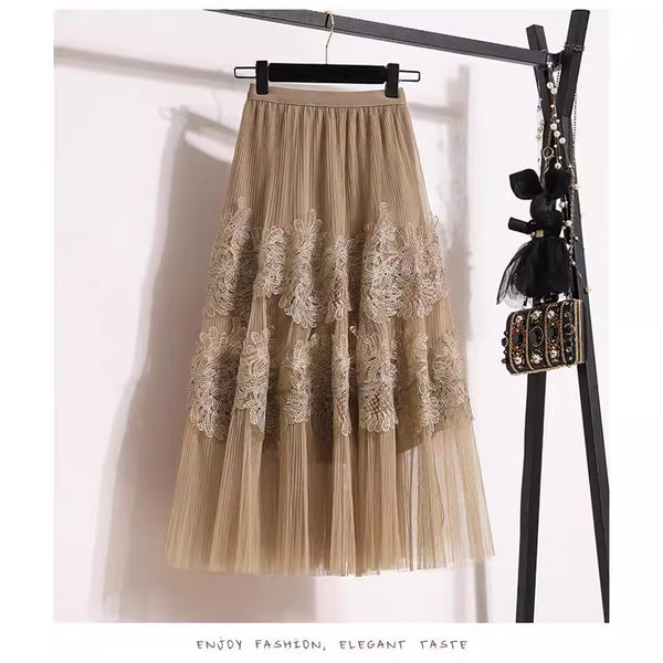 Floral Lace A-Line Pleated Midi Dress